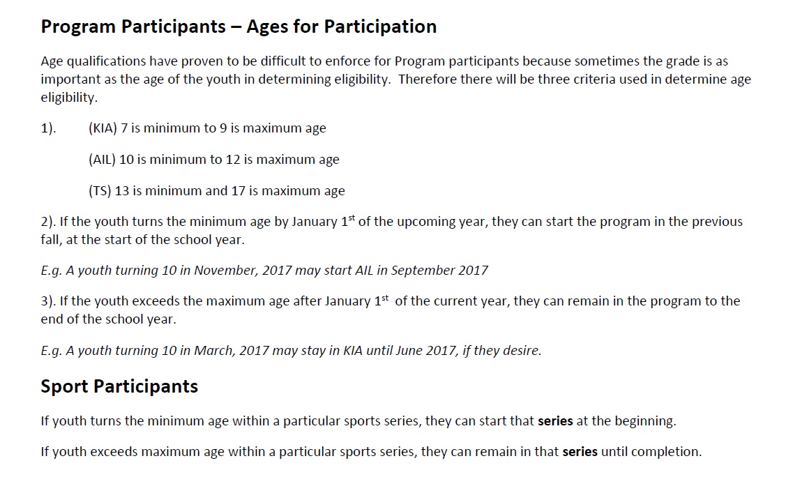 Age policy for Participants